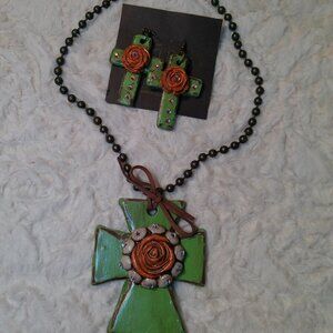 Terra Cotta Cross Necklace and Earrings (394)